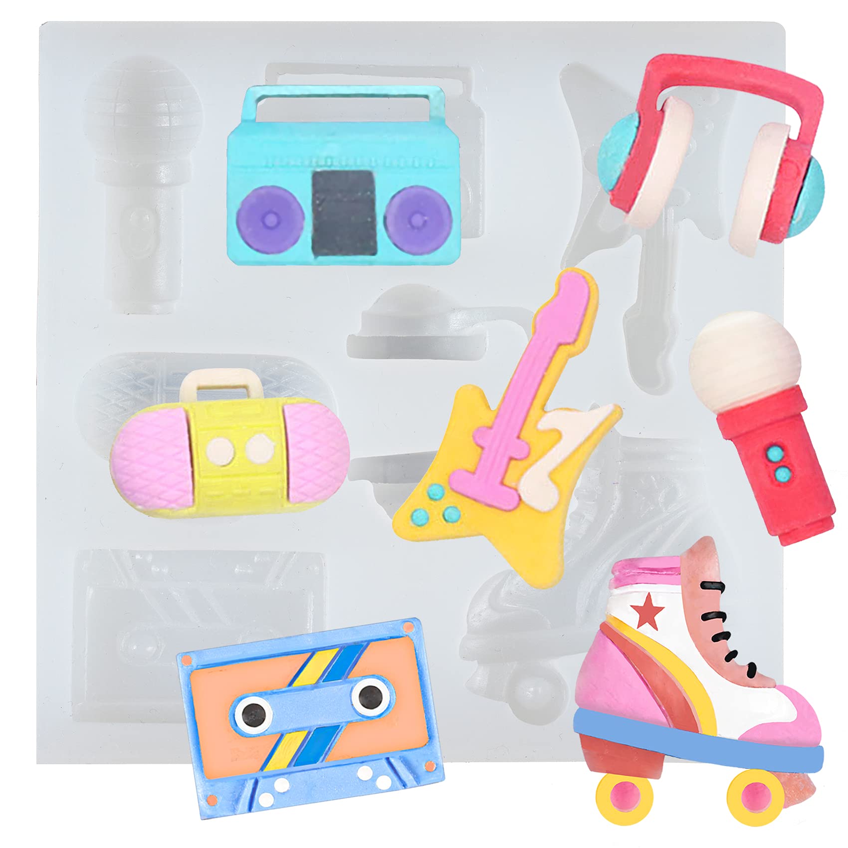 80s Disco Fever Fondant Silicone Mould Boombox Microphone Radio Bass for Rock N Roll Party Decor, Sugarcraft Cake Decorating, Cupcake Topper, Chocolate, Polymer Clay