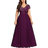 Miusol Women's Plus Size Sequin Floral Lace V Neck Formal Party Evening Gown Chiffon Maxi Dress
