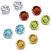 Gem Stone King 925 Sterling Silver Set of 5 Round 4MM Gemstone Stud Earrings - Blue and White Topaz Garnet Citrine Peridot - Sparkling and Elegant Jewelry For Women Men