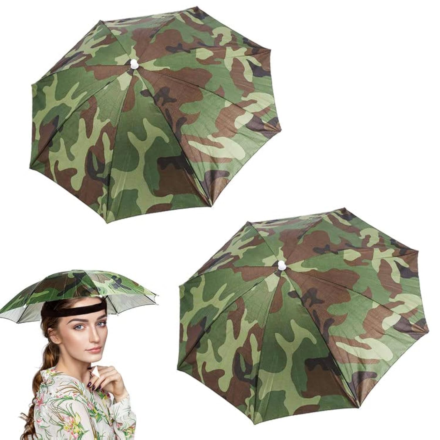 2 Pcs Camouflage Umbrella Hat with Elastic Band for Adults & Kids - Outdoor Folding Head Cover for Golf, Camping, Gardening, Festival — image 1