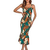 PRETTYGARDEN Women's Summer Floral Midi Tank Dress Sleeveless Strappy Ruffle Hem Smocked Bodycon Dresses