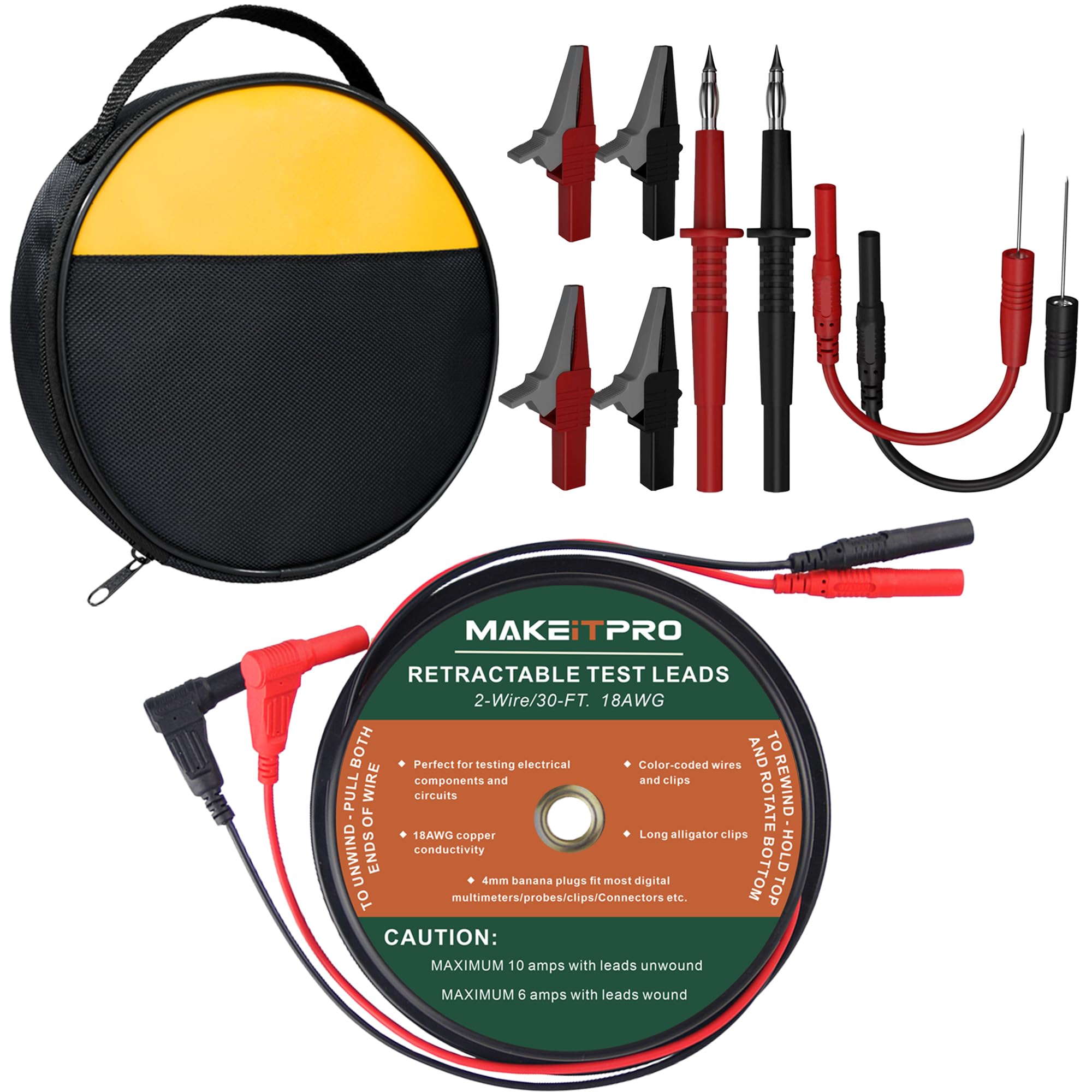 Photo 1 of MAKEITPRO 2 Wires 30FT 18AWG Retractable Test Leads with Cable Bag and Dual Ended Electrical Alligator Clips Test Probe Lead Wire Cables for Circuit Connection/Electrical Testing and Troubleshooting