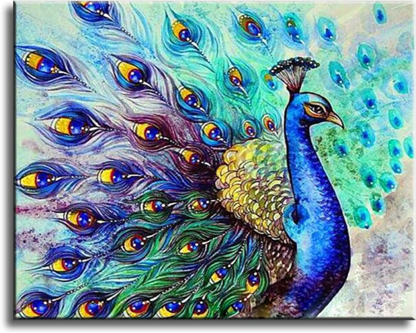 Shukqueen DIY Oil Painting, Adults Kids and Beginner's Paint by Number Kits, Acrylic Painting Blue Peacock 16X20 Inch (Frameless)