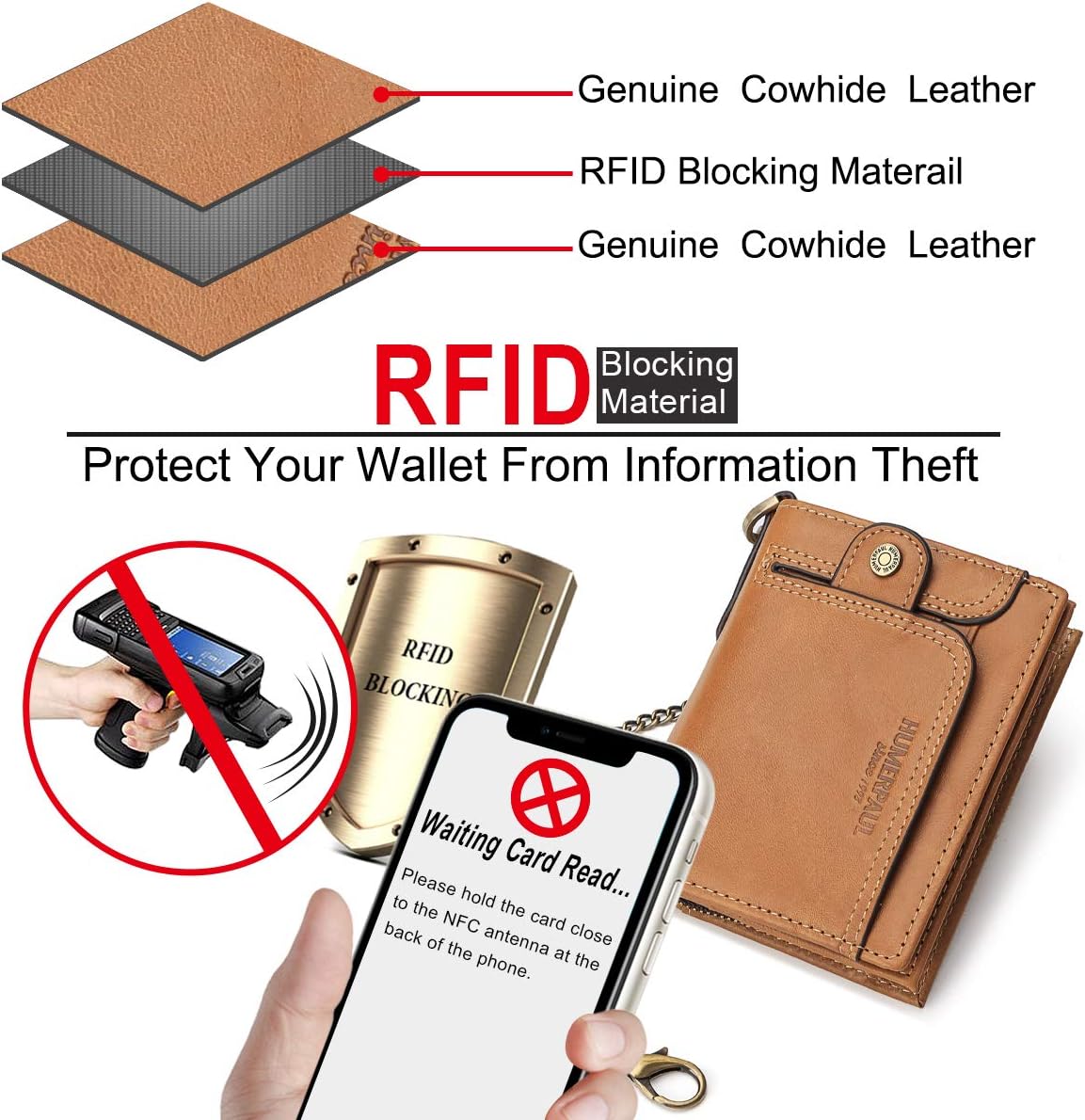 HNOOM Mens Wallet RFID Blocking Genuine Leather Wallet with Chain Bifold Slim Wallets for Men 14 Card Holder and Zipper Coin Pocket - Image 4