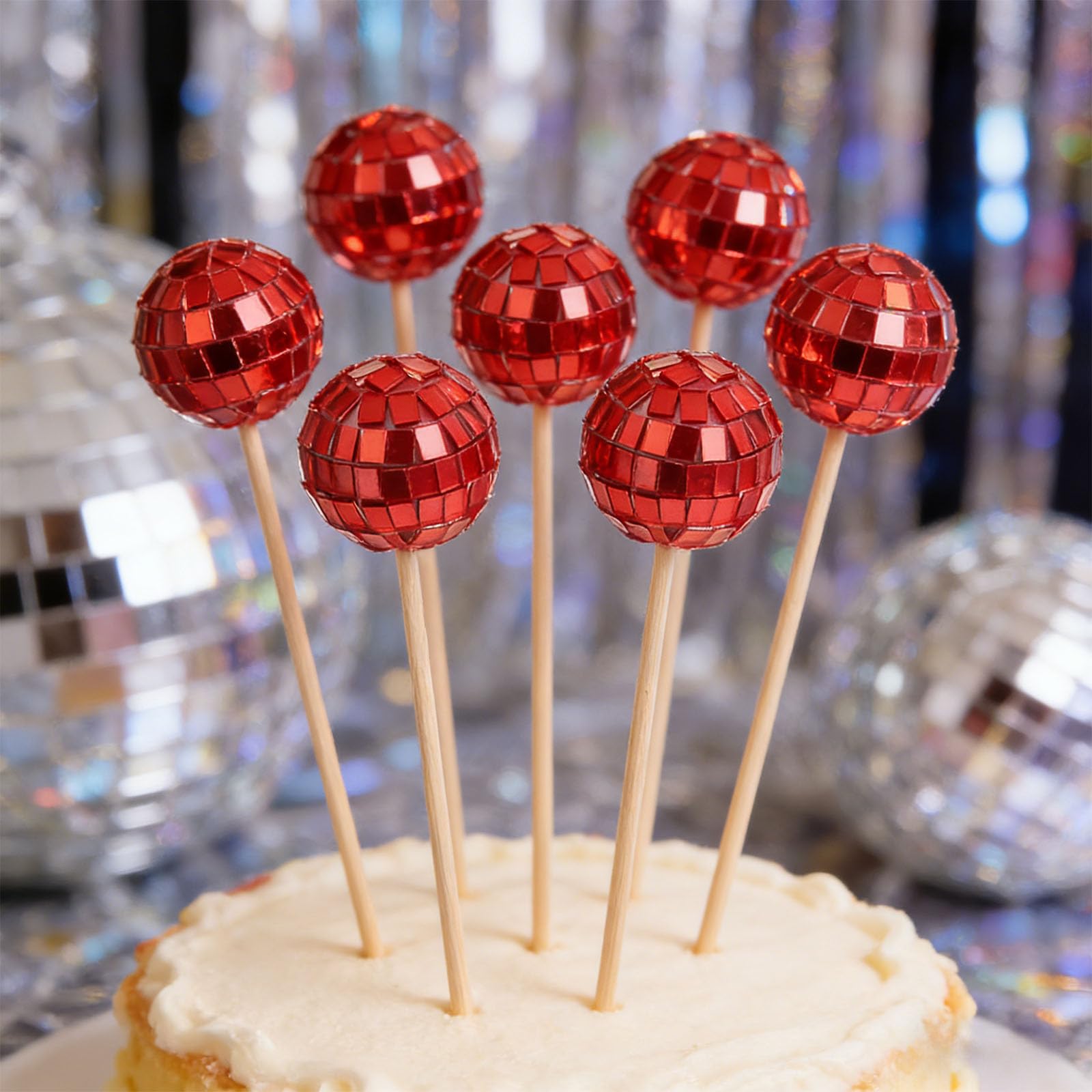 12 Pack Red Mini Disco Ball Cake Decorations - Mirror Glitter Party Toppers for Birthday, Wedding, Disco Theme Celebration (Non-Edible)