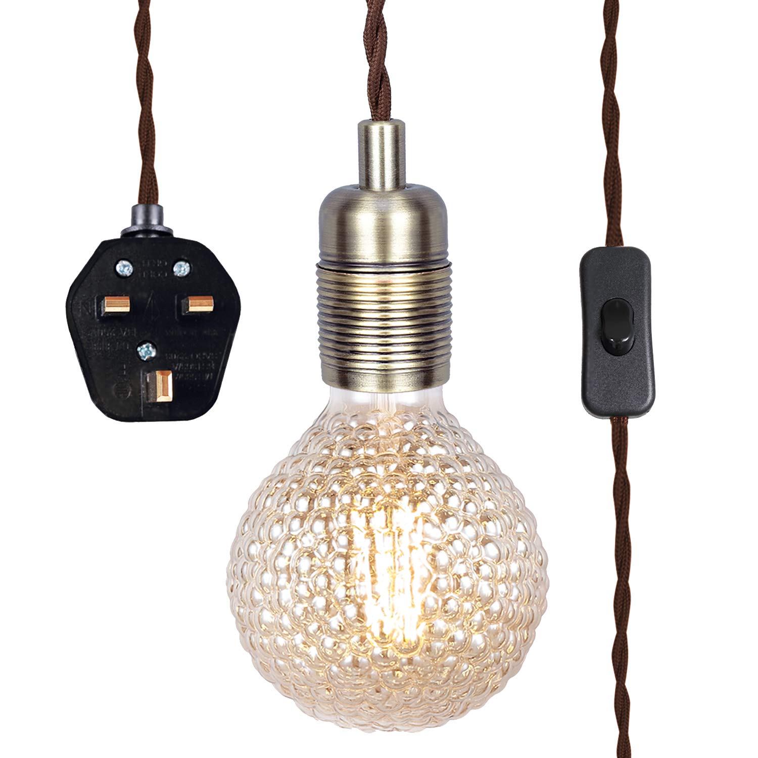 Antique Brass Pendant Light Fitting with Plug-in, Vintage Style Hanging Light KIT E27 Lamp Holder, 4500MM Braided Twisted Cable with On/of Switch-KIT04APG