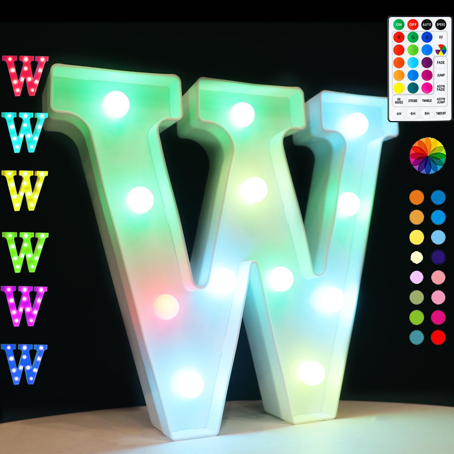 Light Up Colorful LED Marquee Letter Lights, 18 Colors Changing Alphabet Letters Sign with Remote Timer for Night Light Wedding Birthday Party Lamp Christmas Home Bar Decor- Colorful W