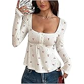 SOLY HUX Women's Babydoll Tops Long Sleeve Henley Shirts Cute Square Neck Coquette Peplum Top