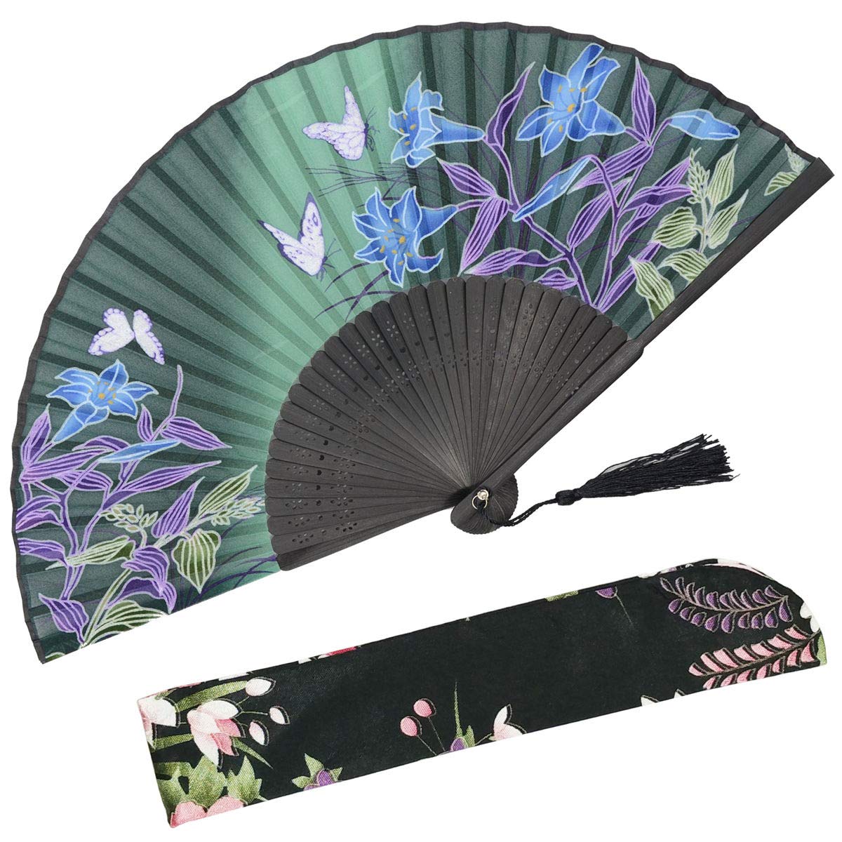 OMyTea "Lily Chinese/Japanese Women Hand Held Silk Folding Fans with Bamboo Frame - With a Fabric Sleeve for Protection (WZS-27)
