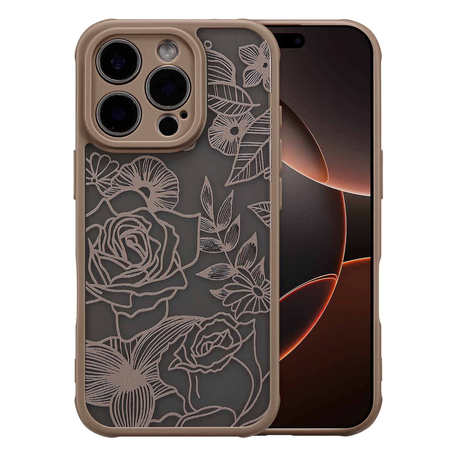 Photo 1 of XIZYO for iPhone 16 Pro Case, Floral Rose Cute Phone Case for Women Girls Aesthetic Pattern Print Slim TPU Bumper Shockproof Protective Cover for iPhone 16 Pro 6.3 Inch, Brown