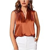 SHENHE Women's Satin Blouse Dressy Casual Sleeveless Pleated V Neck Business Office Top