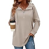 onlypuff Women Hoodie Pullover Trendy Quarter Zipper Lapel Sweatshirts Drawstring Cute Hooded Tunic Tops with Side Pockets