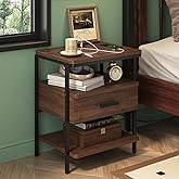 DELUXE LIVING Bedside Table, Nightstand with Charging Station, Night Stand with Adjustable Drawer, End Table with Port and Ou
