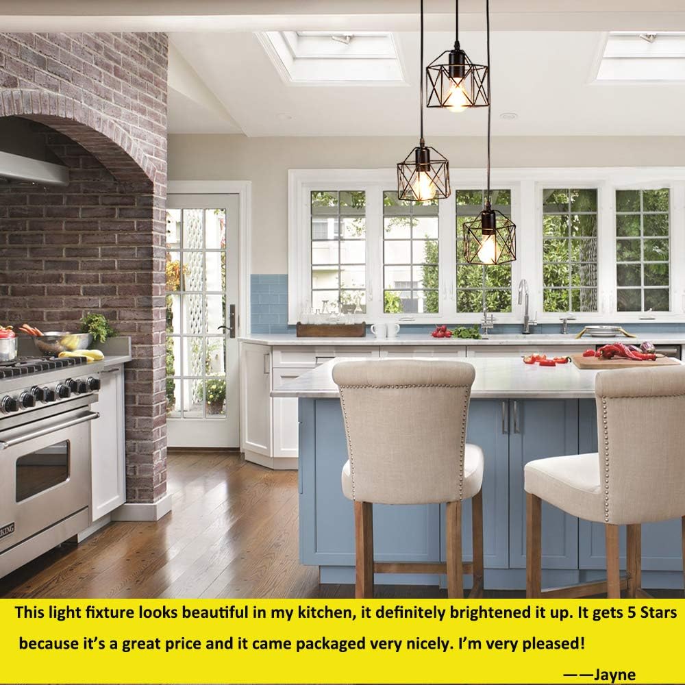 DLLT Vintage Pendant Light, Adjustable Mini Hanging Pedant Lights Fixture with 3-Light Cage Shade, Flush Mount Ceiling Swag Lighting for Kitchen/Dining Room/Hallway/Bedroom, E26 Base (Black) - - 