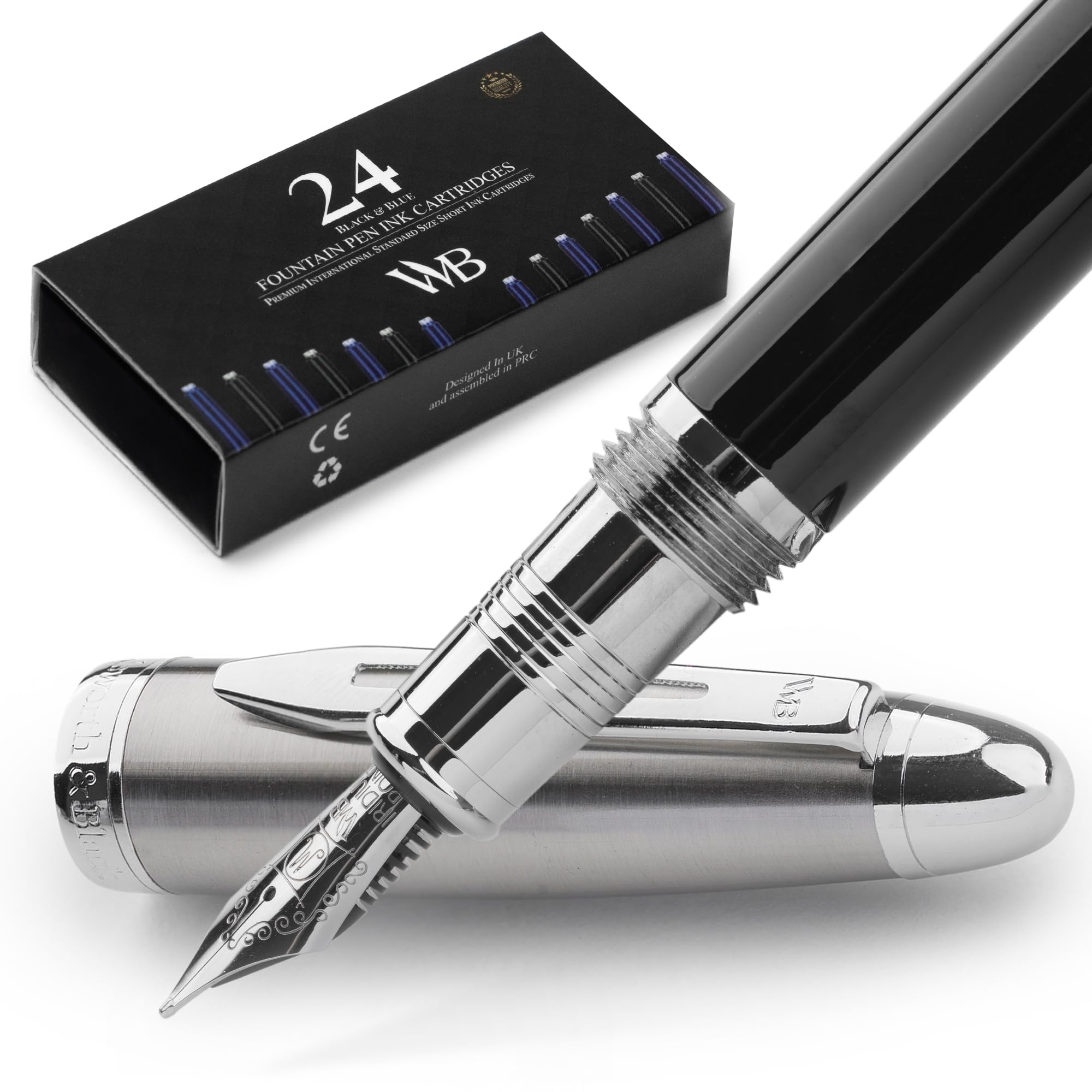 Wordsworth & Black Majesti Fountain Pen-(Black Chrome), Luxury Case, Stainless Steel; Medium Nib- Ink Cartridges, Refillable Ink Converter-Calligraphy Pen-Best Business Gift Set for Men & Women