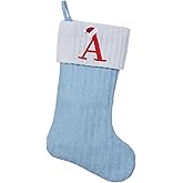 Shgngle Blue Knit Christmas Stockings Personalized, 19.5 Inches Embroidered Letter Christmas Stocking for Holiday Decorations and Xmas Gift(Initial A)
