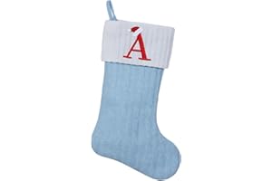 Shgngle Blue Knit Christmas Stockings Personalized, 19.5 Inches Embroidered Letter Christmas Stocking for Holiday Decorations and Xmas Gift(Initial A)