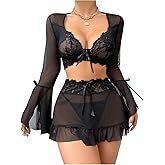 Milumia Women's 3 Piece Lingerie Set Sheer Long Sleeve Lace Bra Top V String Thong with Skirt