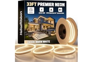 HELIOSRIBBON 33FT LED Neon Rope Lights 2800K Warm White, AC 110-120V Flexible Neon Strip Outdoor Waterproof ETL Listed, Connectable and Cuttable, for Home Commercial Contour Landscape Ambient Lighting Decor