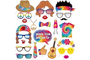 CheeseandU 25Pcs Hippie Photo Booth Props with Stick Tie Dye Photo Booth Props Hippie Party Decorations 1960s Groovy Party Ph
