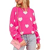 Cute Pink Heart Sweater for Women Knitted Love Sweaters Tops Holiday Outfits Crewneck Long Sleeve Pullover Shirts