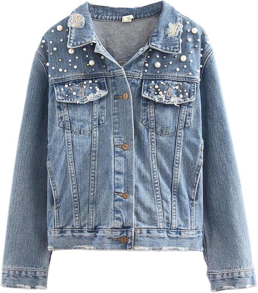 black denim jacket with pearls