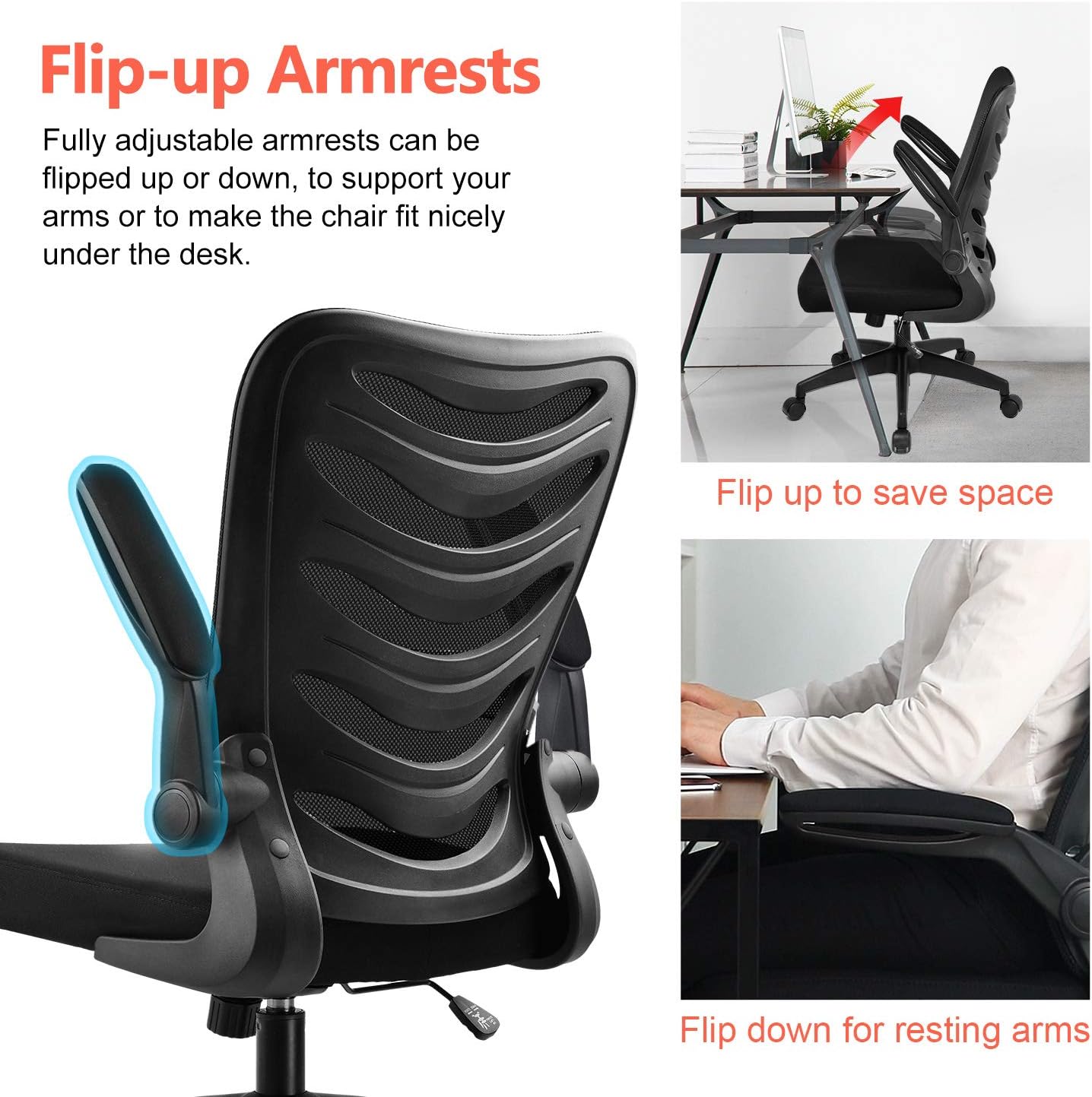 ComHoma Desk Chair Ergonomic Office Chair Mesh Computer Chair with Flip Up Arms Lumbar Support Adjustable Swivel Mid Back for Conference Home Office, Black: Furniture & Decor