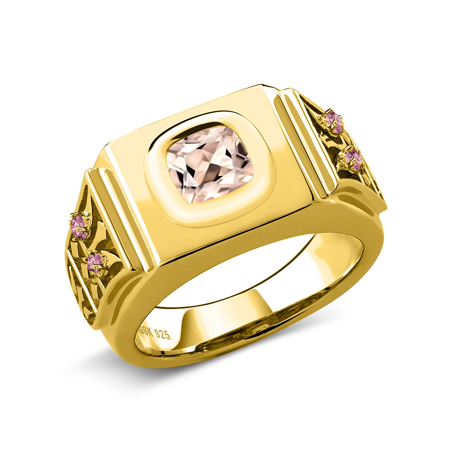 Gem Stone King 1.91 Ct Peach Morganite Pink Lab Grown Diamond 18K Yellow Gold Plated Silver Men's Ri