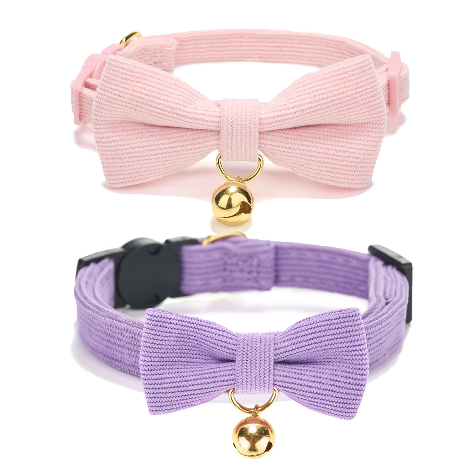 Petiry Corduroy Soft Cat Collar,Breakaway Pink Kitten Collar With Removeable BowTie and Gold Bell,Pack of 2,Purple Pink — image 1