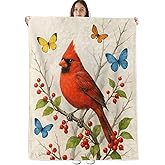 Tadccn Cardinal Bird Blanket Soft Cozy Flannel Throw Blankets, Red Animal with Berry and Butterfly Throws for Couch Bed Sofa Living Room Nature Decor, Gifts for Wildlife Lovers Women Adults 60"×50"