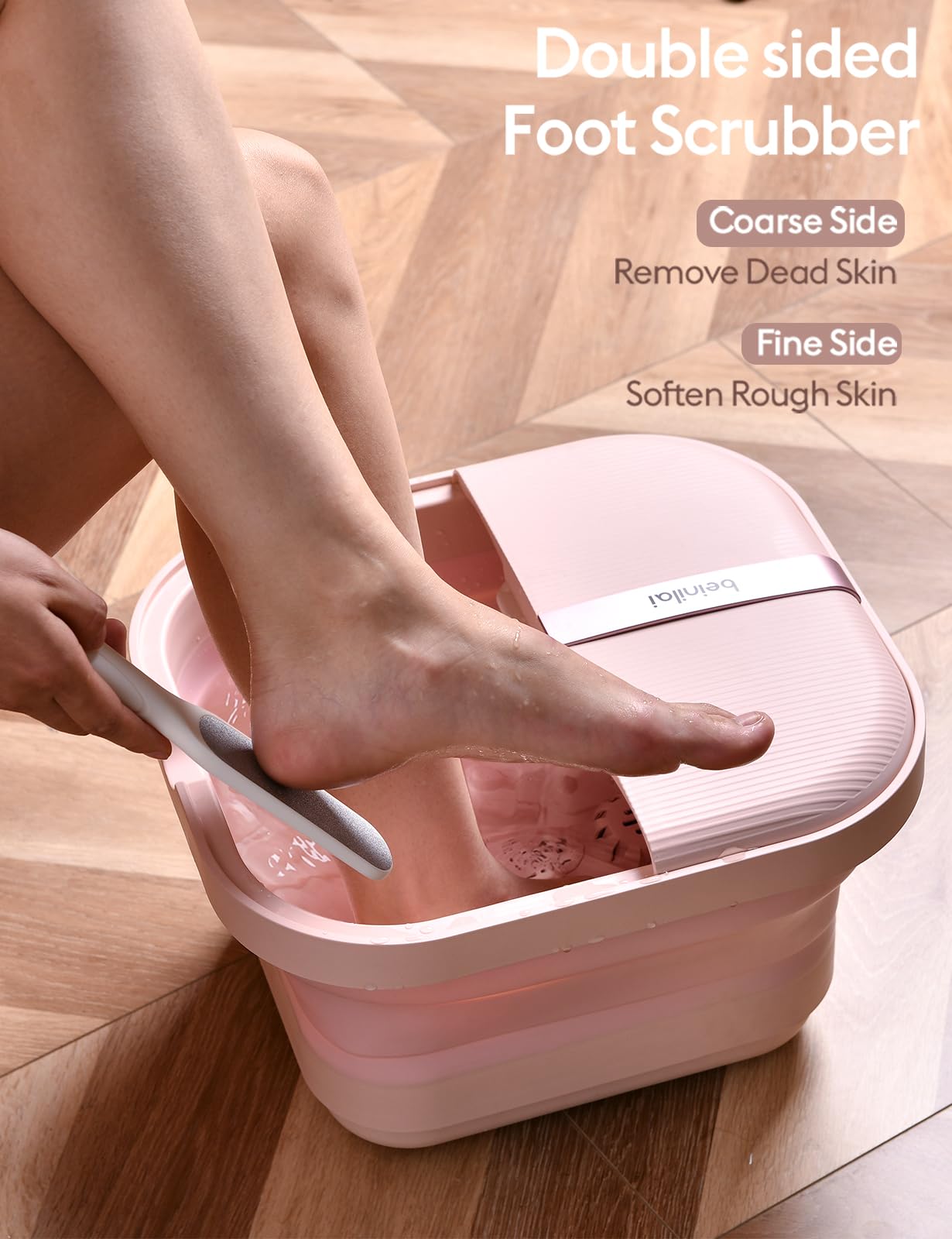 Beinilai Foot Bath Spa with Heat, Bubble Massage and Vibration,Collapsible Foot Soak Tub,2 Feet Rollers, Acupressure Massage Points, Red Light and Foot Scrubber, Pedicure Foot Spa for Women(Pink)