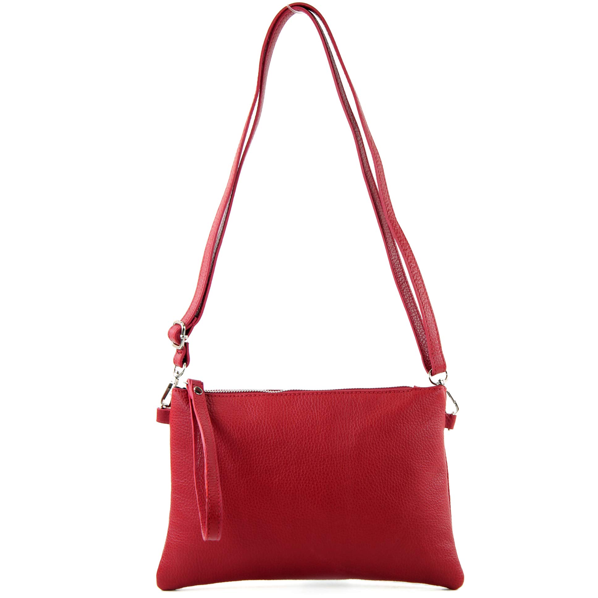modamoda de - T186 - Italian Clutch/Shoulder Bag Leather Medium, Colour:Ruby red
