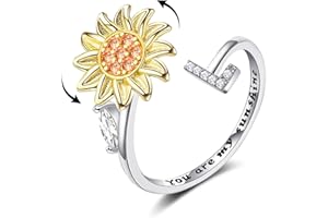 TOBENY 925 Sterling Silver Initial Fidget Rings for Women You Are My Sunshine Sunflower Anti-Anxiety Adjustable Cubic Zirconia Anxiety Spinner Ring