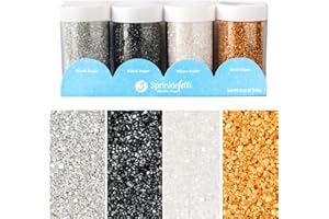Sweets Indeed Metallic Sugar Crystals 4-Pack – 4.52 oz | Black, Gold, Silver & White Sparkling Sugars in Individual Jars | Premium Baking & Decorating Sugars for Holidays, Parties & Desserts