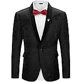 YND Men's Velvet Floral Blazer, One Button Tuxedo Jacket, Shawl Lapel Suit Coat for Dinner Prom Party Wedding