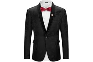 YND Men's Velvet Floral Blazer, One Button Tuxedo Jacket, Shawl Lapel Suit Coat for Dinner Prom Party Wedding