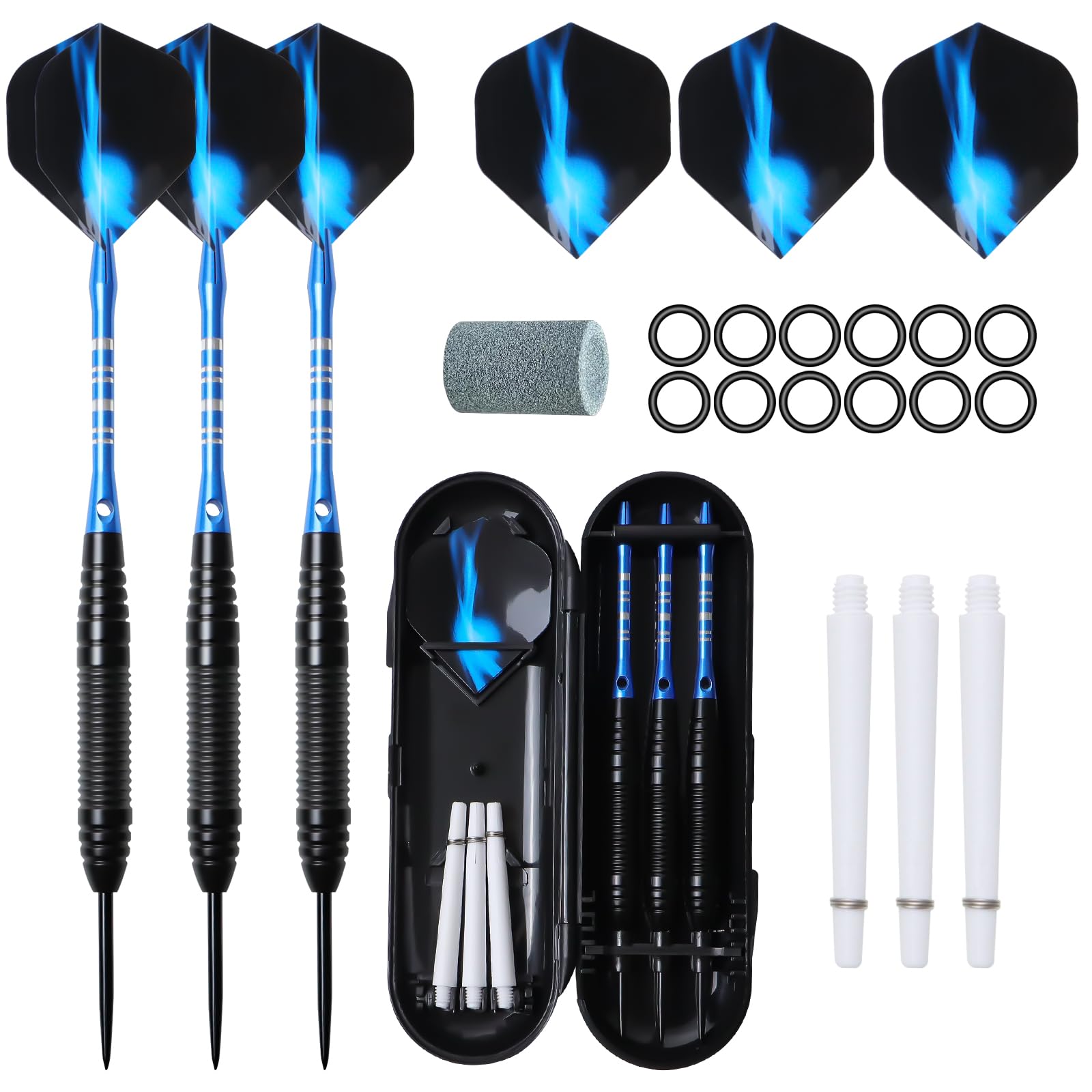 Yeria Steel Tip Darts Set, 3 Pack Professional 23g Dart with Darts Case, 3 Aluminum Shafts 3 Spare Shafts 1 Dart Sharpener 12 Rubber O-Rings Flight