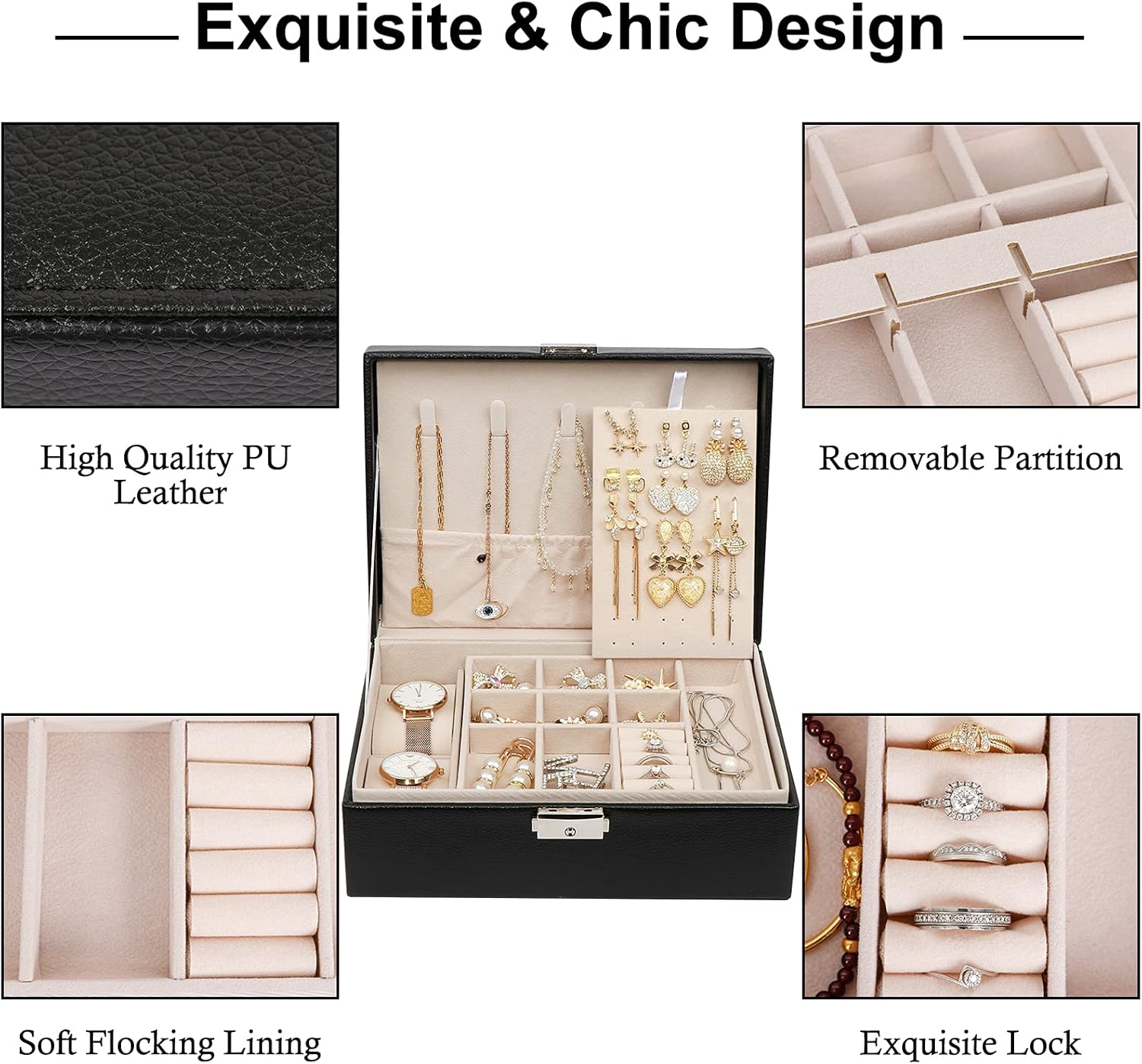AerWo Jewelry Box for Women, 2 Layer Jewelry Holder PU Leather Jewelry Boxes & Organizers, with Lock and Removable Tray, Jewelry Cases for Storage and Display Rings Necklace Earrings Bracelets Watch: Home Improvement