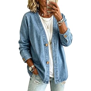 Noejsio Women's Button Front Denim Jacket V Neck Casual Jean Jacket Lightweight Collarless Denim Coat for Daily Wear