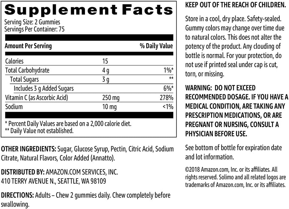  Brand - Solimo Vitamin C 250mg, 150 Gummies (2 Gummies per Serving), Immune Health: Health & Personal Care