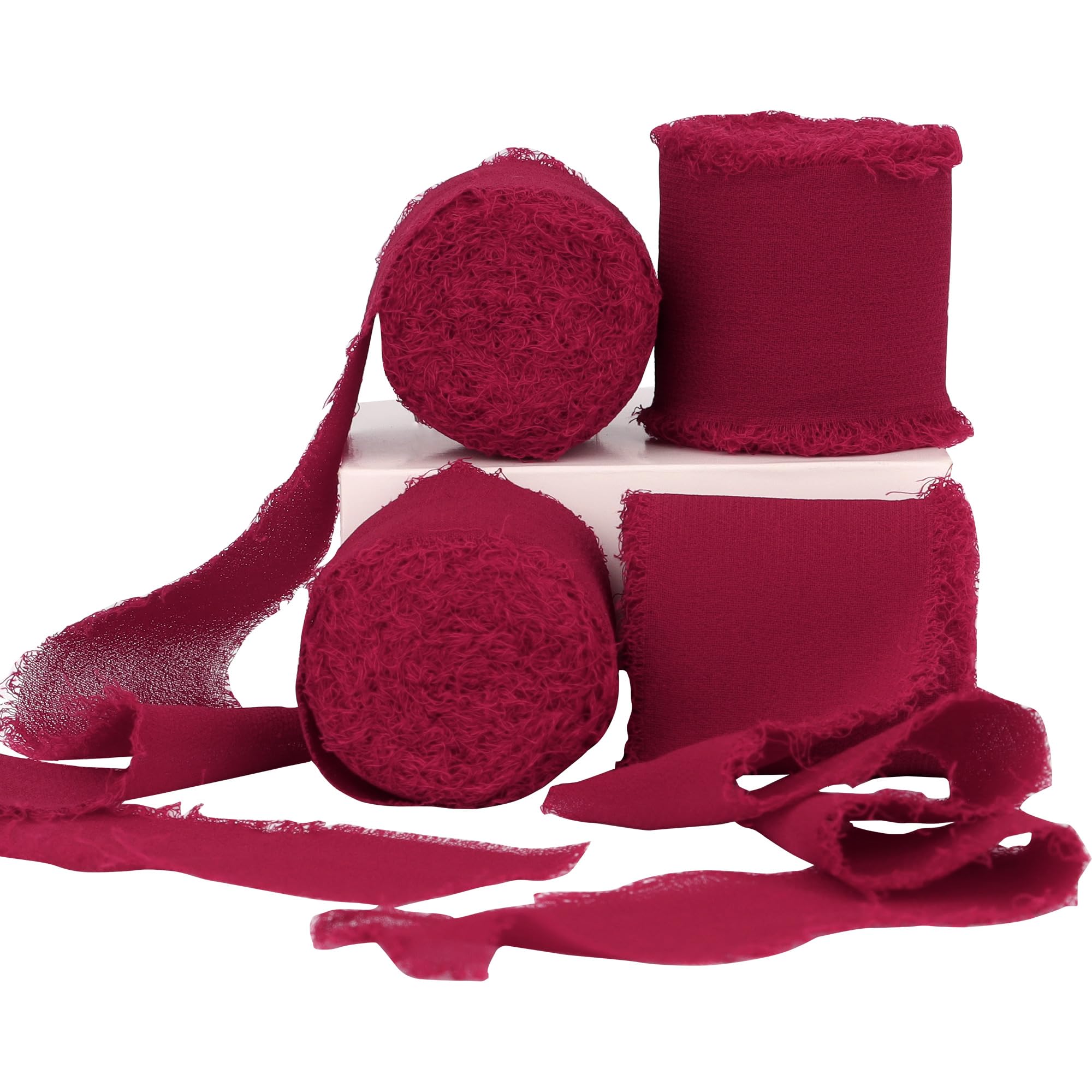 Photo 1 of Burgundy 4 Rolls Handmade Silk Chiffon Ribbon - Frayed Edge, 21 Yards Long, 1.5 Inch Wide - For Crafts, Weddings & Home Decor #93