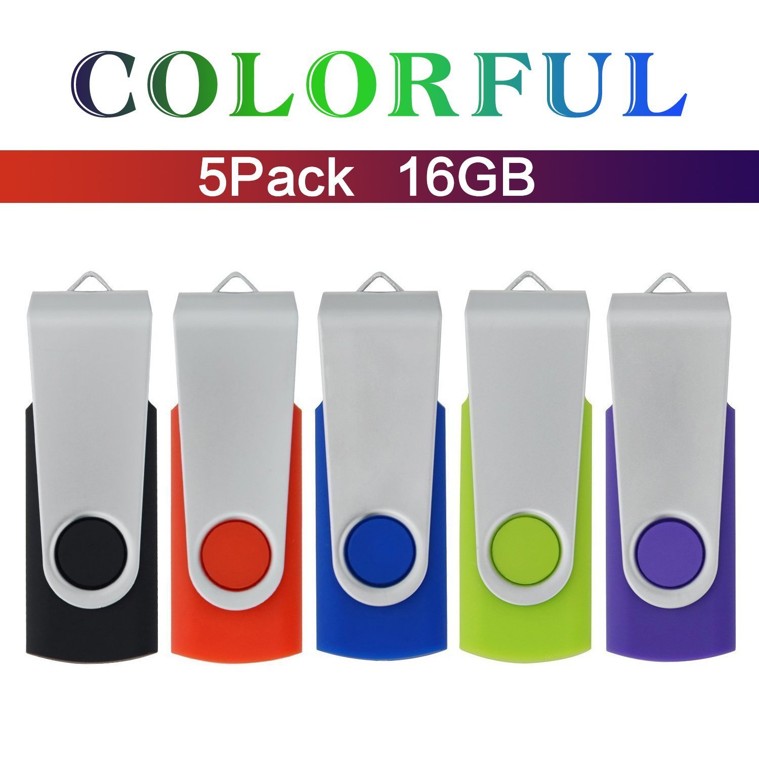 USB Stick, 5 Bunt USB-Stick 16GB Stück Speicherstick 2.0 Mini Rotate Metall Pack (5 Mischfarben: Schwarz, Blau, Grün, Rot, Violett )