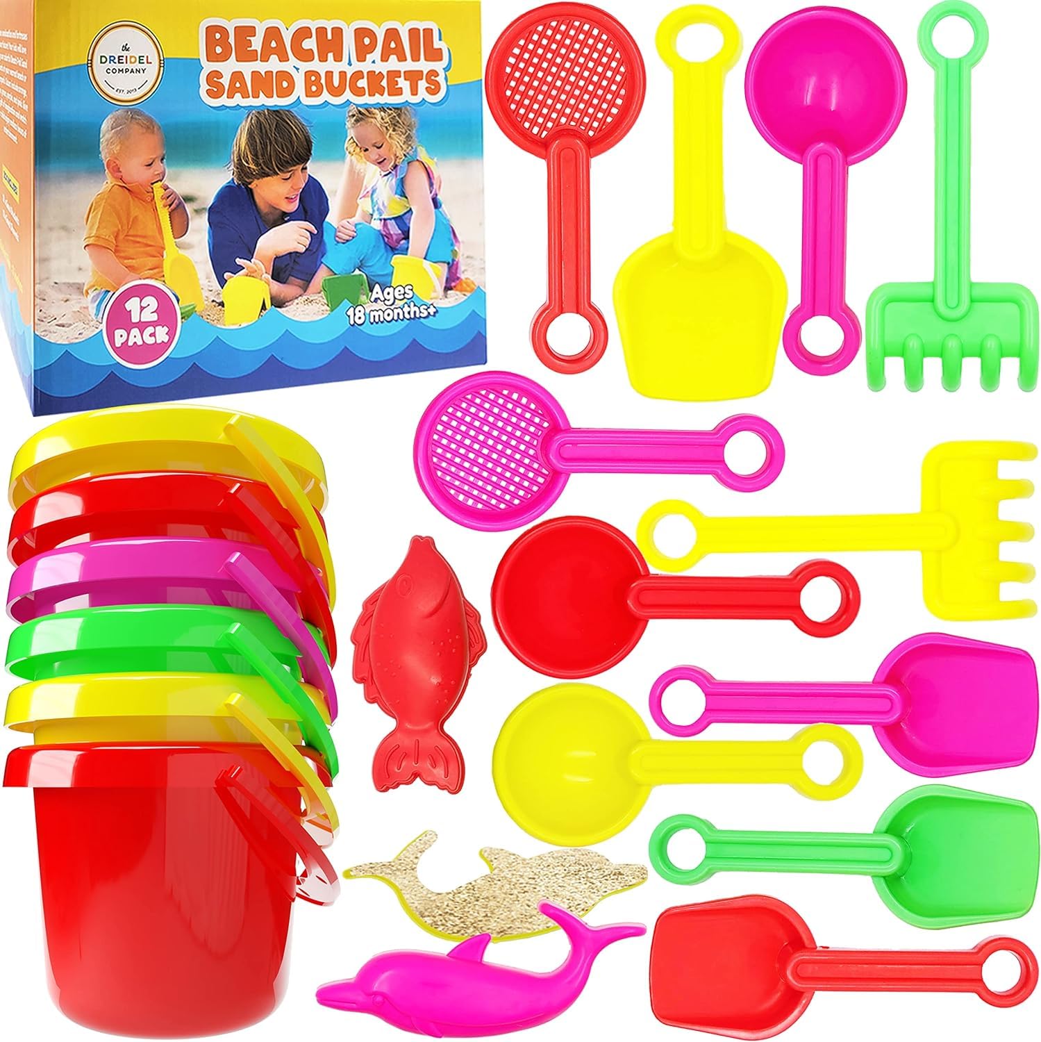 Photo 1 of The Dreidel Company Mini Beach Day Playsets, 3.25" Sand Bucket Play Set Box Includes, Pail, Shovel, Rake, Sifter Scoop, Dolphin Fish Sand Trays Toy for Boys and Girls Birthday Party Favor (24-Pack)