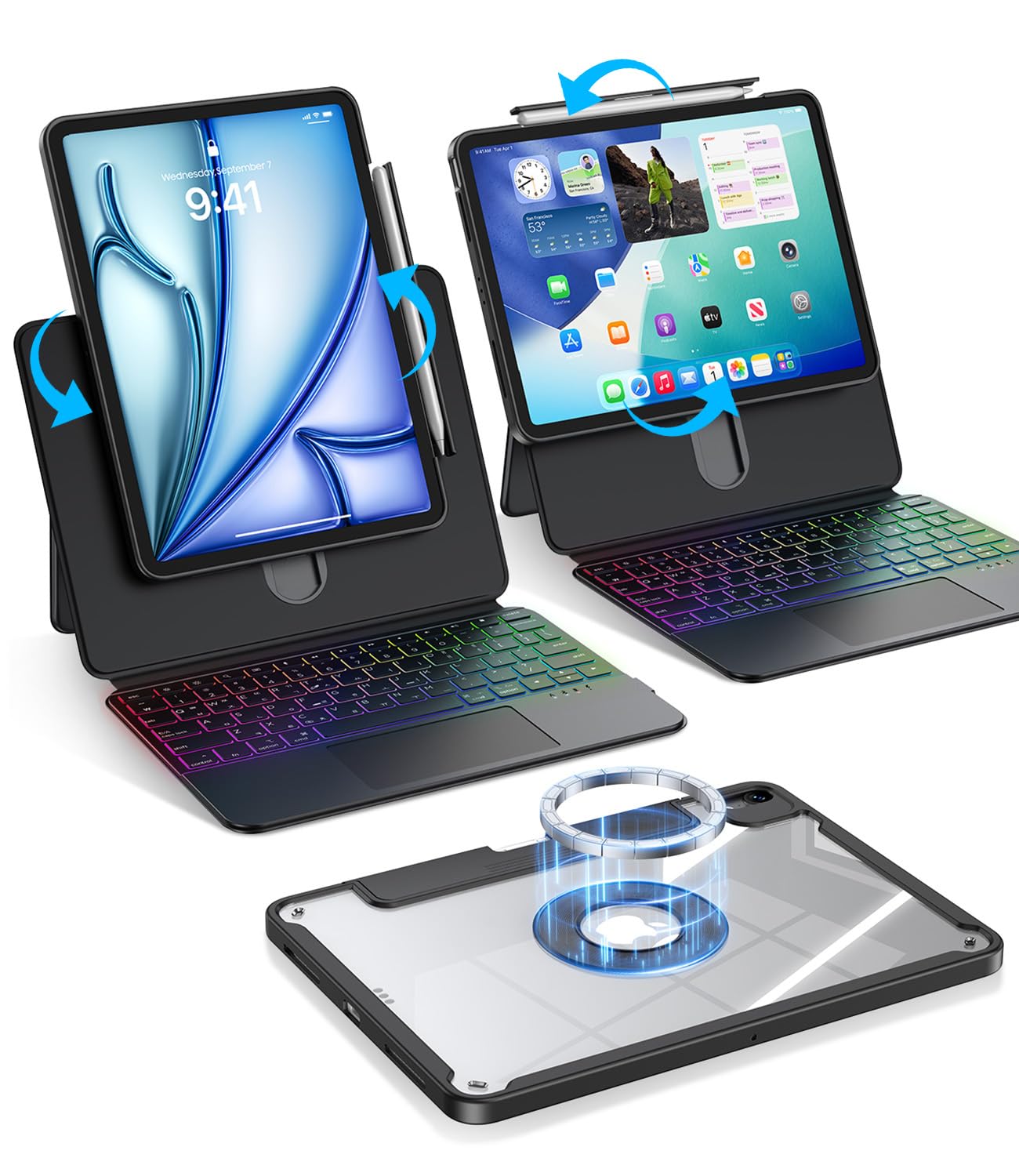 Photo 1 of BLOSOMEET Clear Keyboard Case for iPad Air 13 Inch (M3/M2, 2025/2024) & iPad Pro 12.9 inch (3/4/5/6th Gen), Native Gesture Trackpad & Stand, Liftable Detachable Magnetic Cover w/Pen Holder, Black