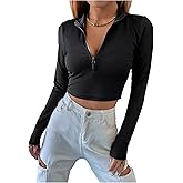 Floerns Women's Y2k Half Zip Long Sleeve T Shirts Ribbed Knit Fall Outfit Going Out Crop Tops