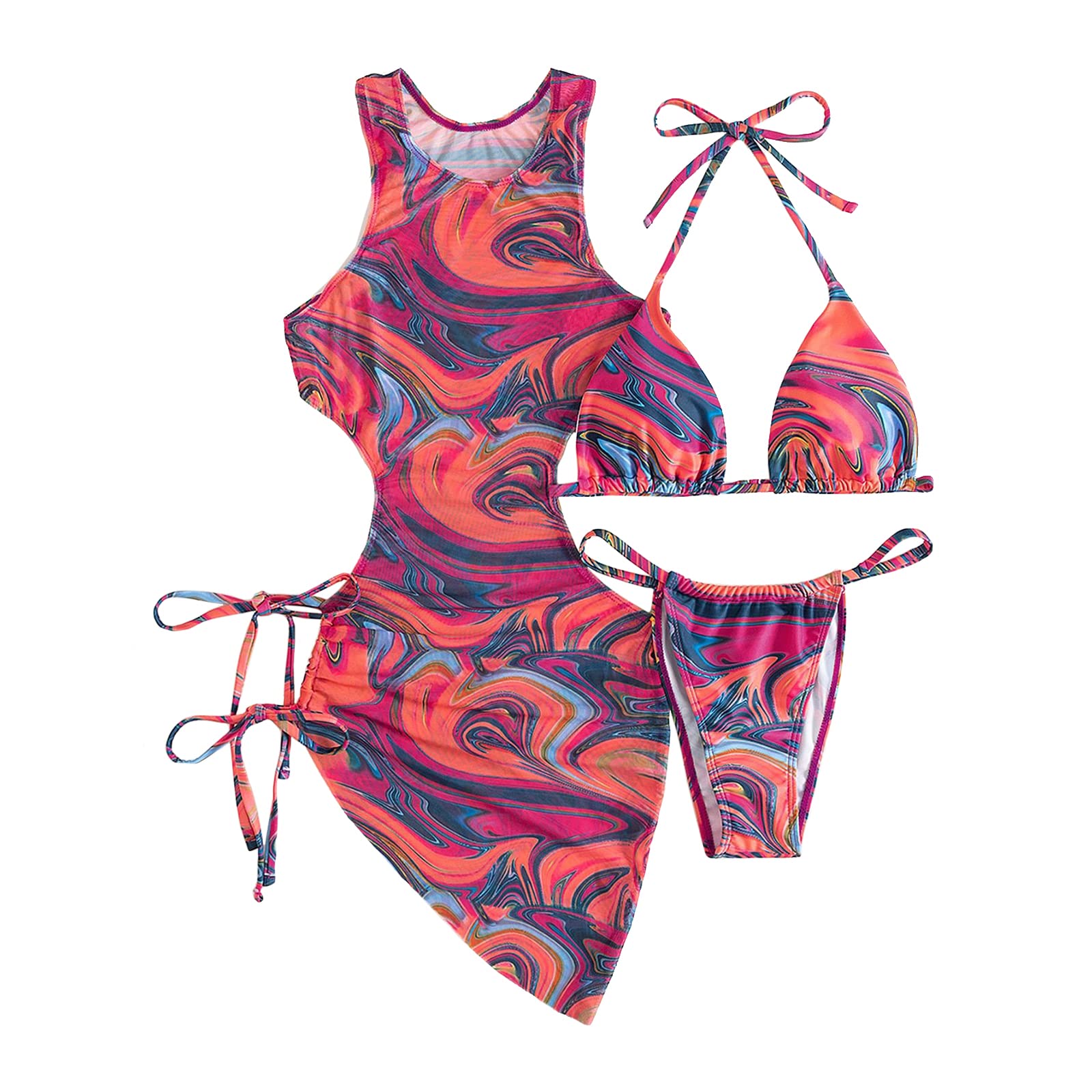 Photo 1 of 3 Piece Swimsuits for Women Padded Floral Print String Bikini Sets Bathing Suit Set Sexy Cutout High Neck Mesh Beach Cover Up Rose Red