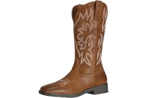 SheSole Ladies Mid Calf Western Square Toe Cowboy Boots for Women Embroidered Brown Boot