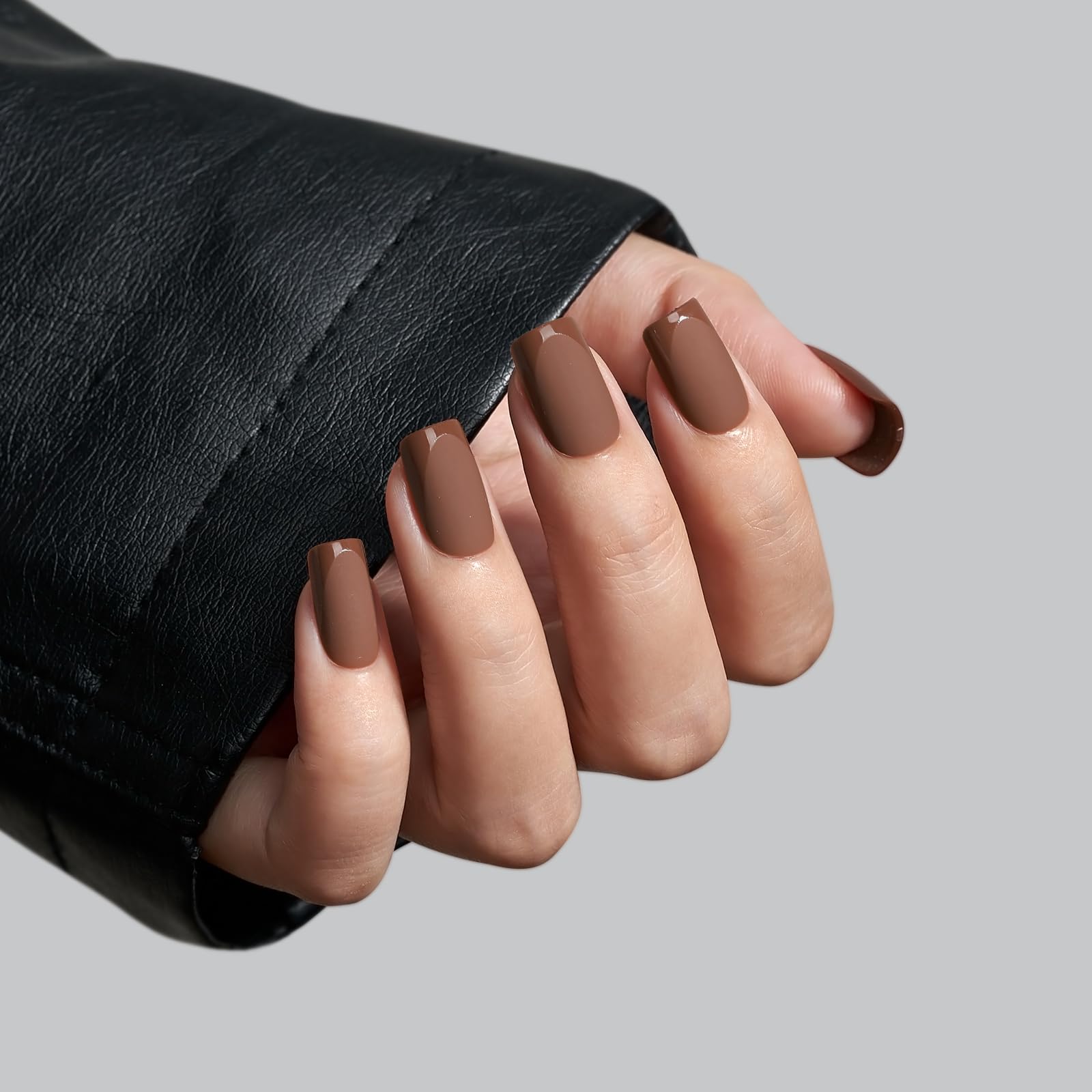 BTArtbox Press on Nails Short Square - Dark Brown Nails with Glossy French Tips in a Matte Finish, Soft Gel Fake Nails Glue On Nails in 16 Sizes for Gift, Coffee Toffee - Image 2