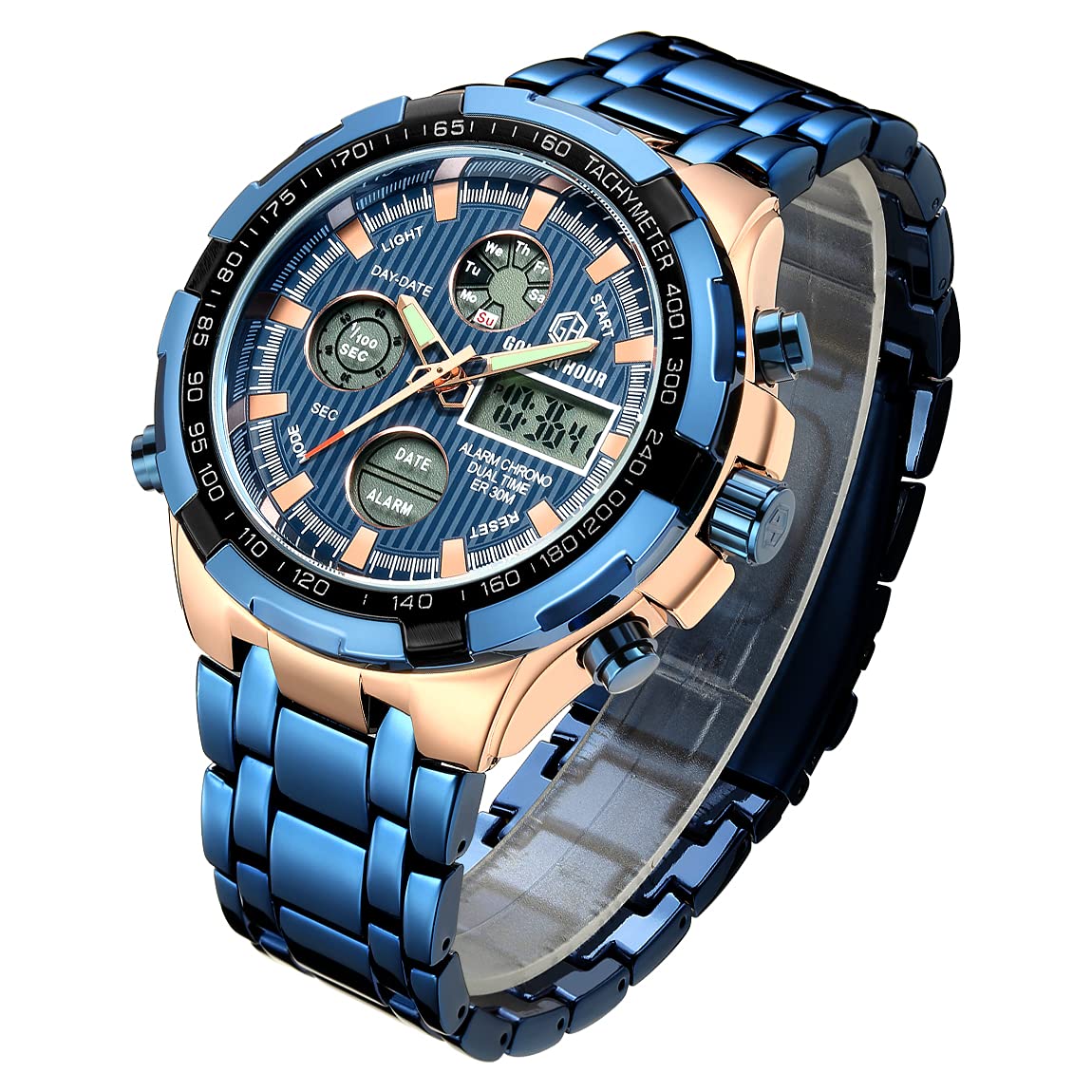 Luxury Fashion Men's Watches Stainless Steel Heavy Bullet Sport Chronograph Waterproof Gold Two Tone Date Alarm Multifunction Analogue Digital Watch
