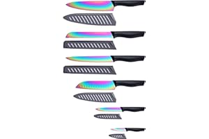 Marco Almond Kitchen Knife Set, KYA36 12-Piece Rainbow Color Stainless Steel Chef Boxed Knives Set for Kitchen with Covers, 6 Knives with 6 Blade Guards, Black